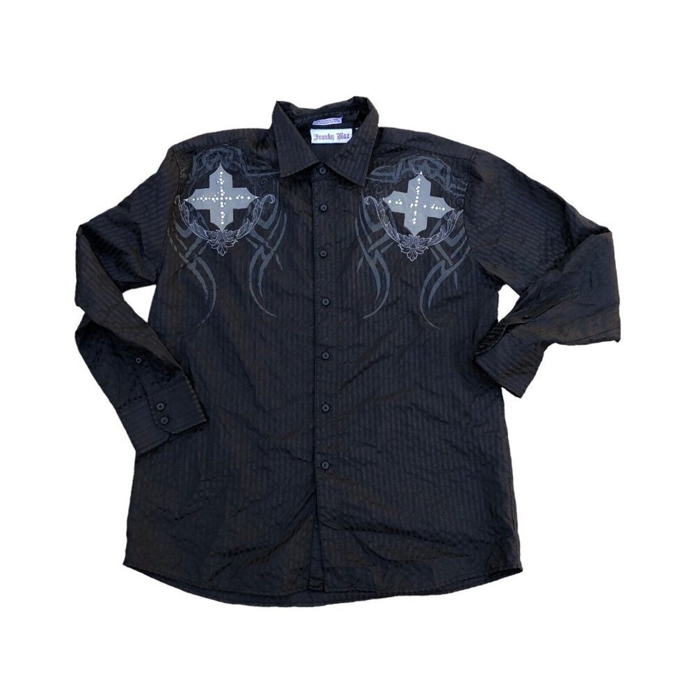 FRANKY MAX Rhinestone Cross Button Down Shirt Mens XL Black Textured Long Sleeve